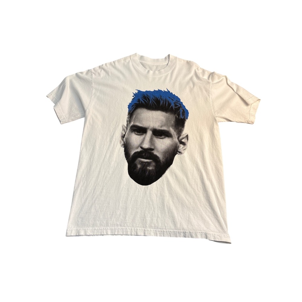 Lionel Messi Graphic T-Shirt Mens White Blue Hair Soccer Football Tee Large